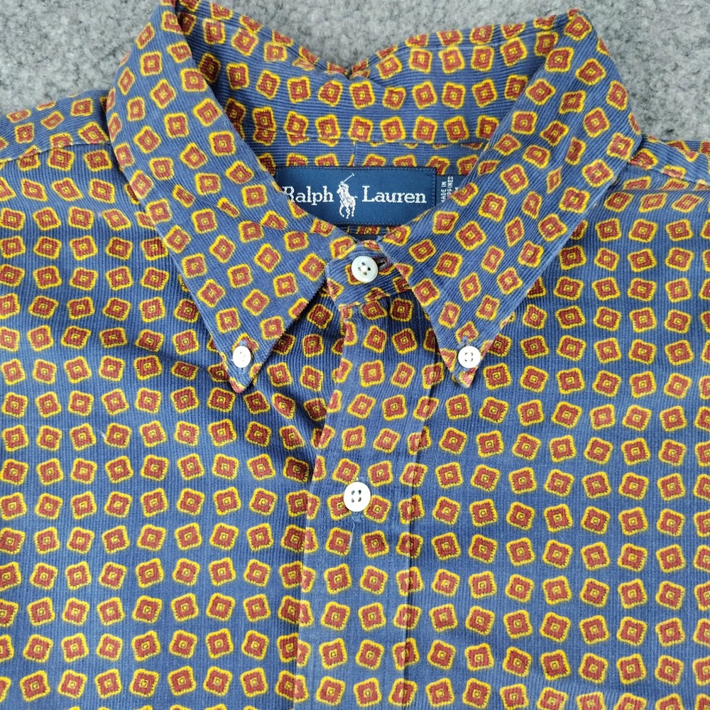Ralph Lauren Cotton Corded Button Down Shirt Mens XL Classic Fit Blue Geometric